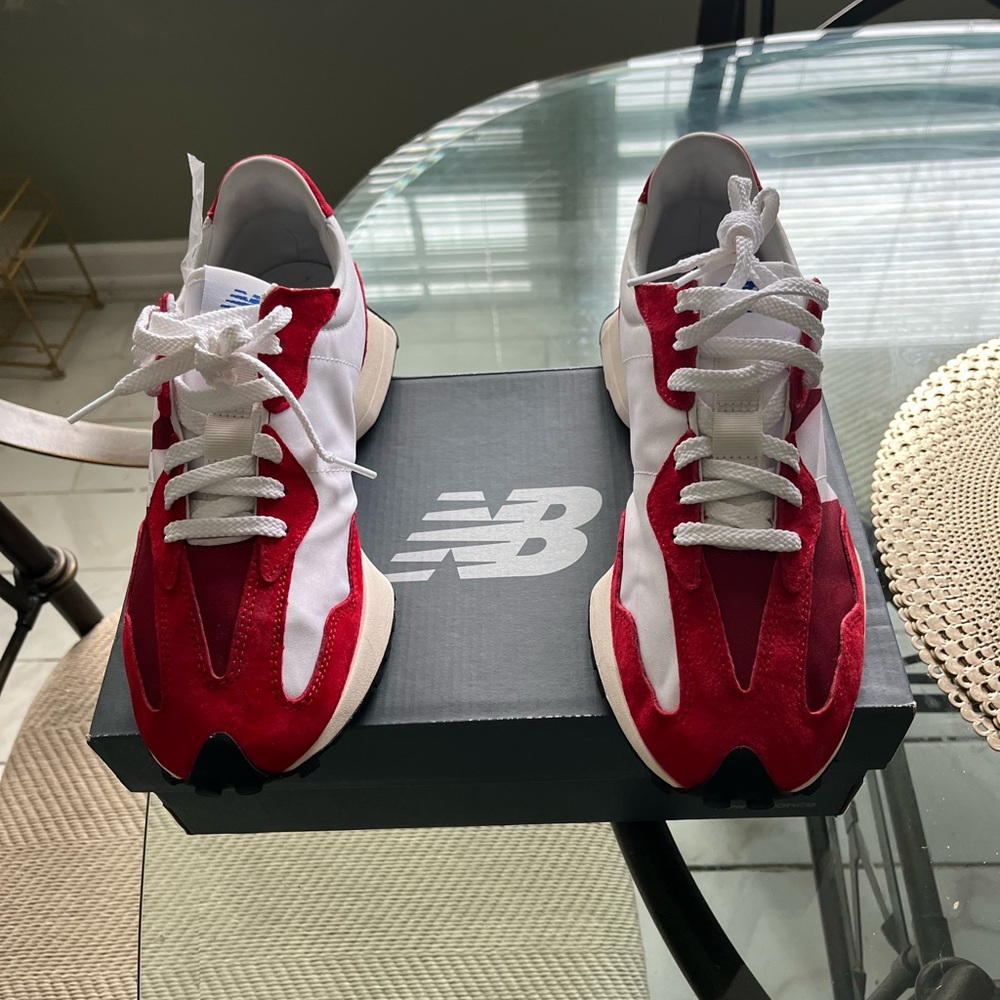Red and White New Balance 327 Men’s 9.5